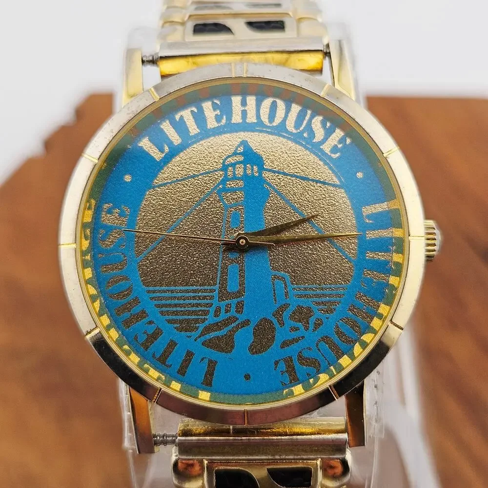 Lite House Novelty Dial Watch Gold Tone Vintage Stretch Pull On Great Lakes
